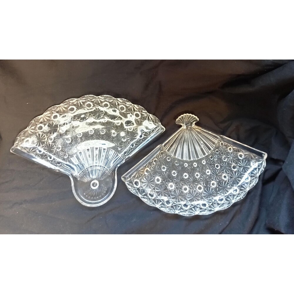 Pair of Vintage Clear Cut Glass Fan Trays